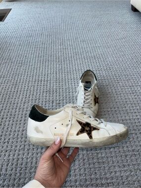 Golden Goose White Leather Superstar Sneakers with Leopard Star - SZ 38